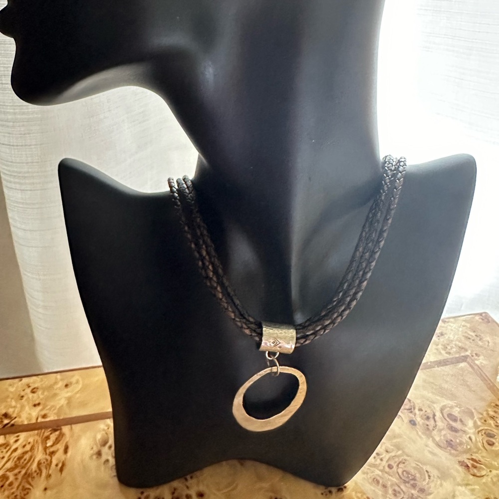 Retired Silpada Sterling Silver Circle Pendant Necklace Braided Leather Necklace